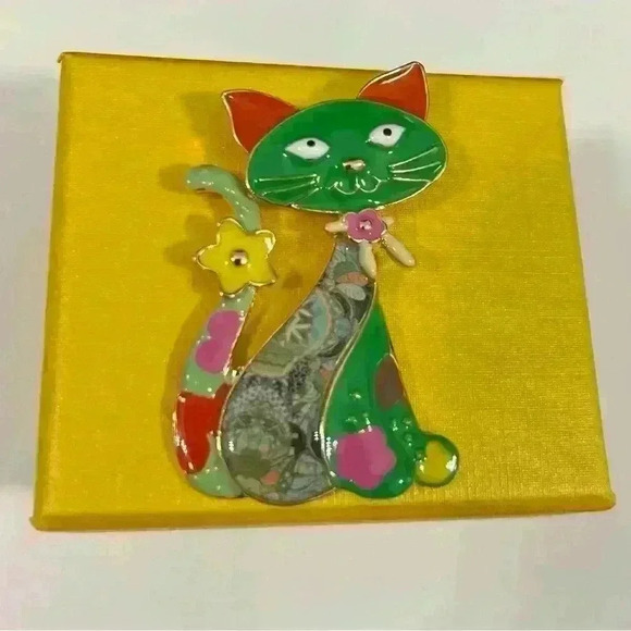 Enameled Colorful Green Cat Brooch/Pin - Picture 1 of 2